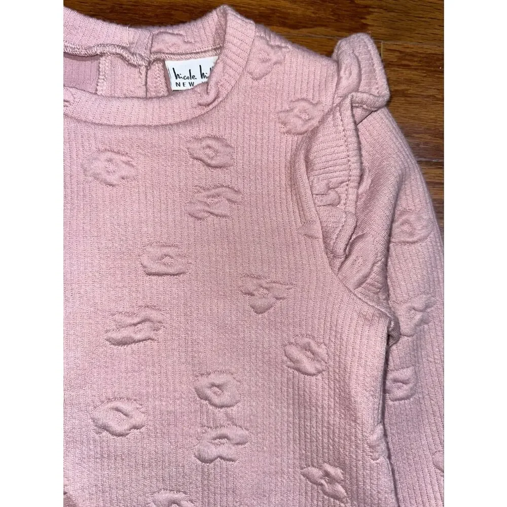 NWT Nicole Miller Girls Pale Mauve Pink Floral Ribbed Ruffle Fleece Top Size 4T